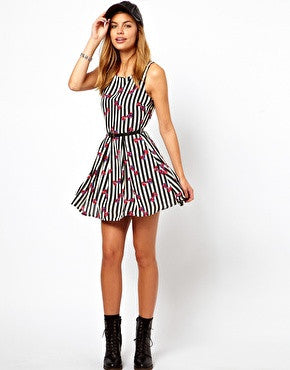 Glamorous Belted Skater Dress in Striped Bow Print