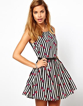 Glamorous Belted Skater Dress in Striped Bow Print